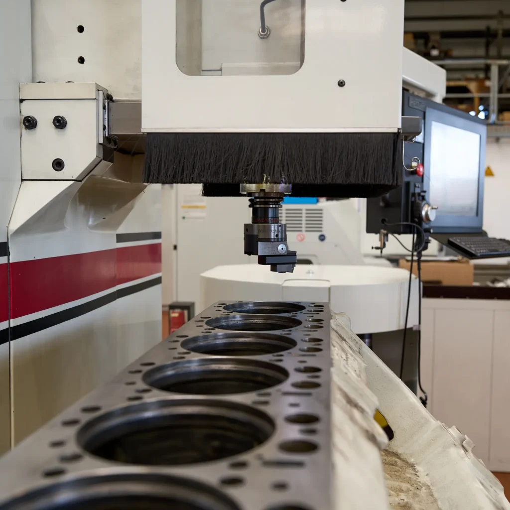 Motorblock mit Zylinderbohrungen unter dem Bearbeitungskopf einer CNC-Maschine in der Werkstatt der Motoreninstandsetzung Oldenburg